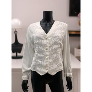Vintage Envious White Lace‎ Button Blouse Long Sleeve Feminine Top S M